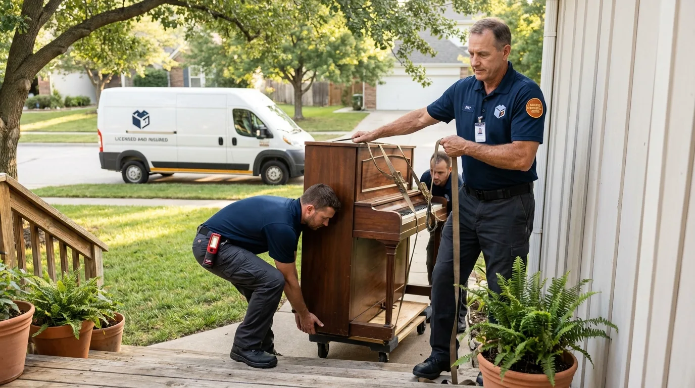 Licensed piano movers securing grand piano in Cairo, GA