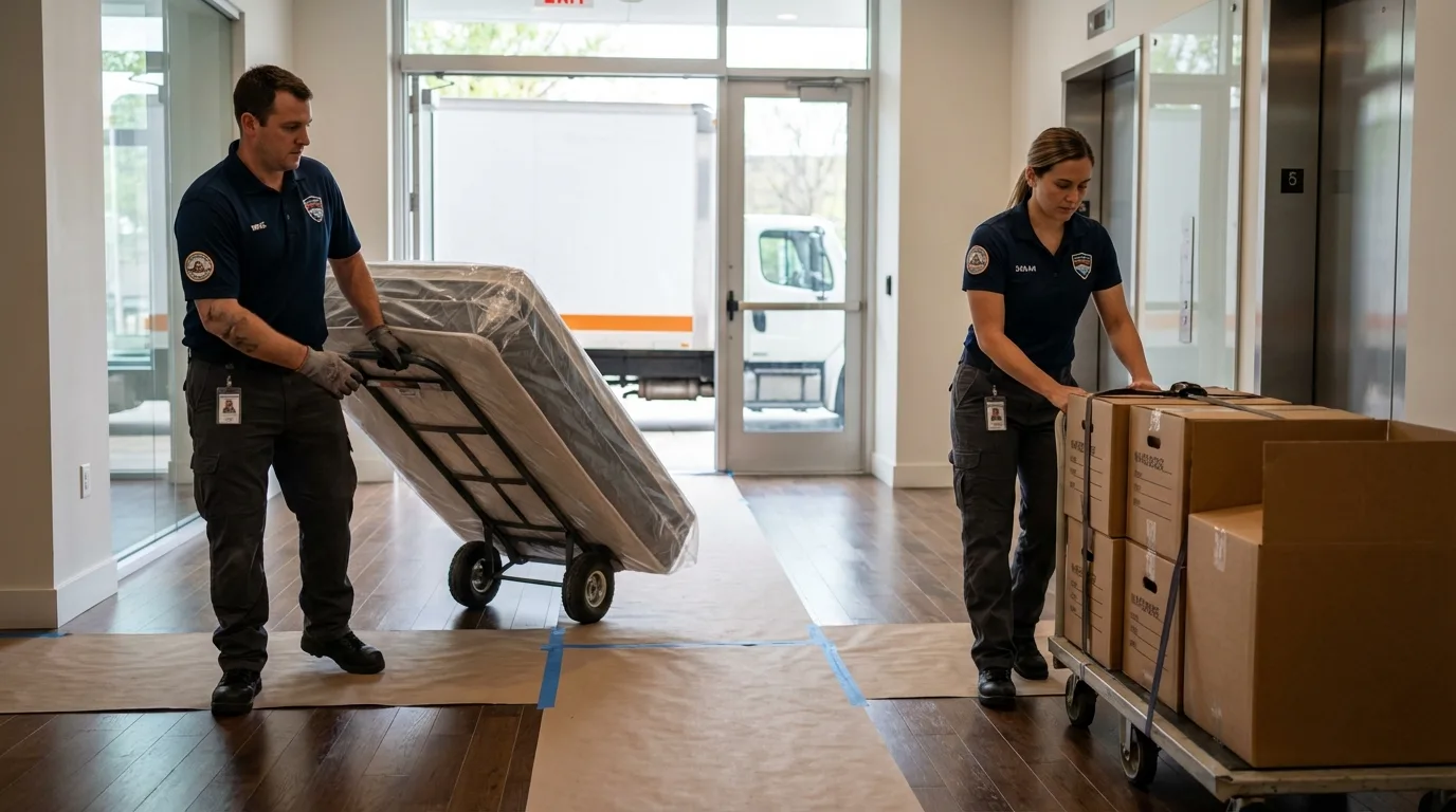 Professional apartment movers loading elevator in Cairo, GA